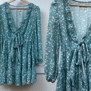 L'ATISTE by Amy Women's Teal Floral Ruffle Tie Front Long Sleeve Mini Dress Med